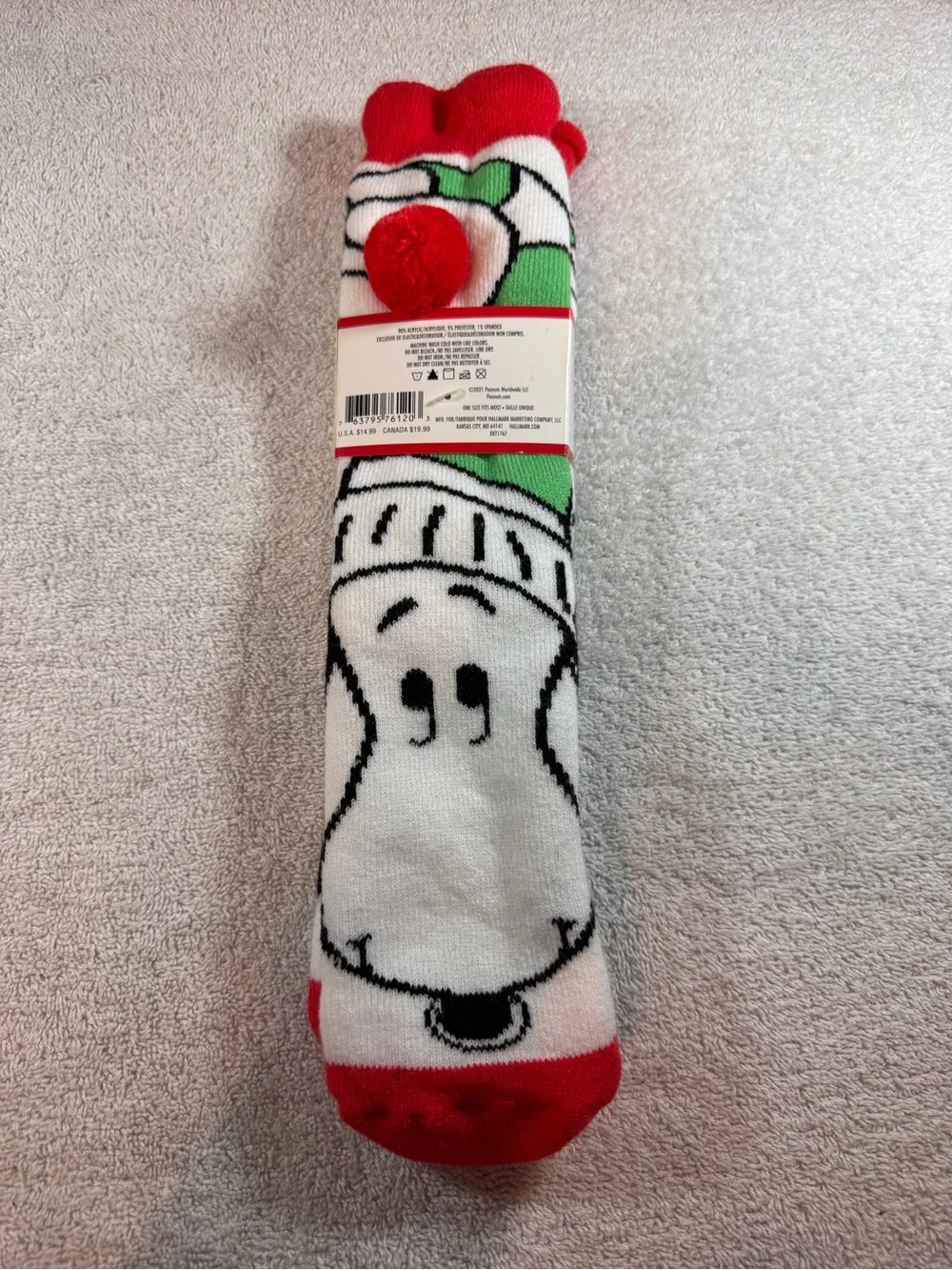 Hallmark Peanuts Snoopy Holiday Socks with Pom & Skid Free Merry on Bottom